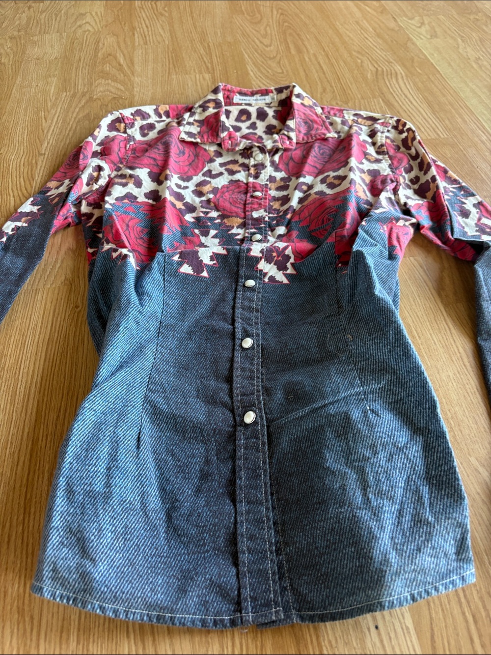 Button-Front Mixed Print Shirt in Red and Denim-Style